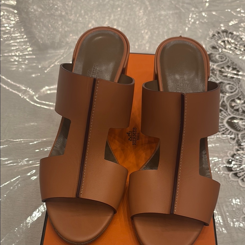 Hermès Brown ostia Leather Slide Sandals
